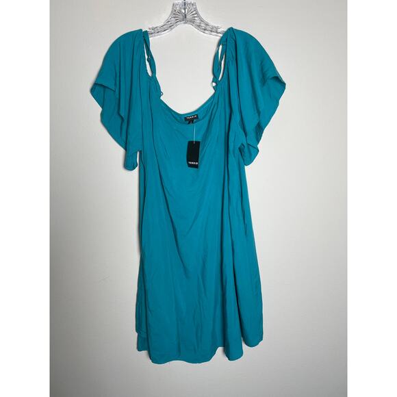 Torrid Mini Challis Cold Shoulder Trapeze Dress Size 2X Teal Pockets NWT - Picture 2 of 6